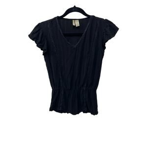 Japna Ruffled Short Cap Sleeve V Neck Peplum Blouse Pullover Black Women's Small